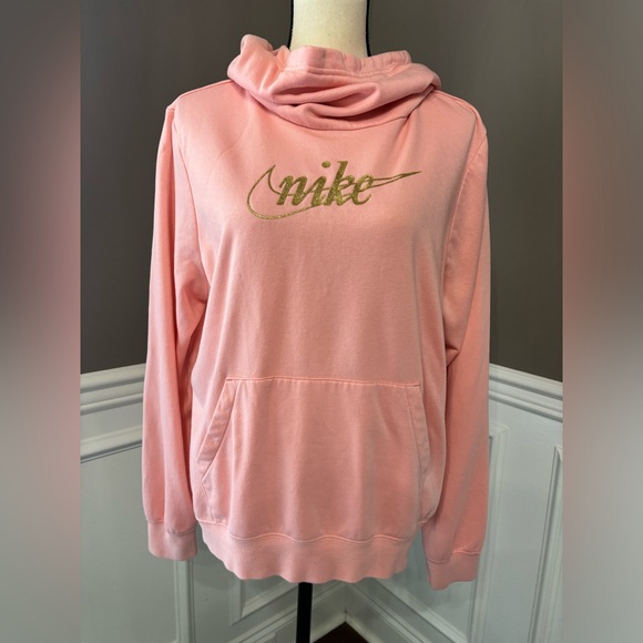 Nike Tops - Nike Pullover Hoodie Pink & Gold Cowl Neck Women’s XL Soft Activewear